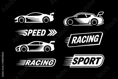Vector graphic design set featuring an F1 car, racing car, speed, and sport elements, ideal for automotive, racing, and car-related themes