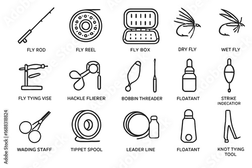 Vector tool leader spool rod fishing icons needle box threader fly icon