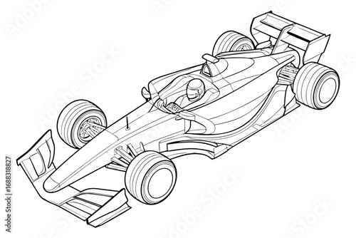 A detailed black and white vector line drawing of a high-performance f1 car with a driver visible, presented from an elevated angle