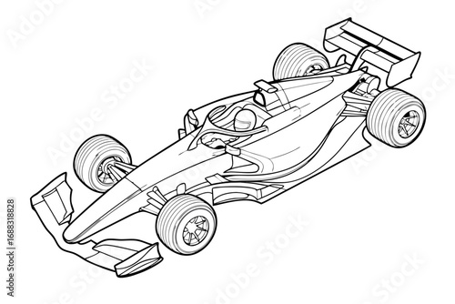 Sleek f1 style racing car vector illustration. Detailed line art of a modern open-wheel formula race car