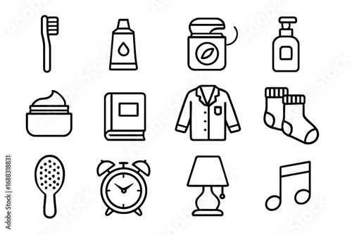 Alarm icon bedtime skincare soothing music cleanser routine toothbrush socks icons vector