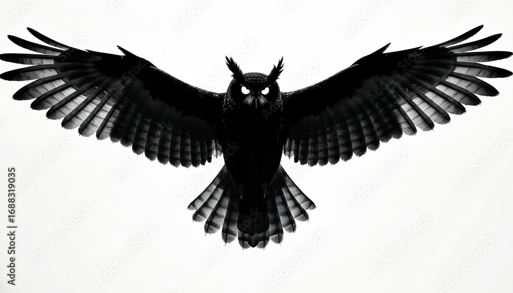 Obraz premium Majestic black owl silhouette in flight, wings spread wide. Powerful nocturnal predator soars through air. Graphic illustration for logo or emblem design. Symbol of mystery, wisdom, elegance, freedom.