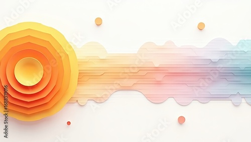 Abstract layered paper art; vibrant orange sun-like form transitions into a flowing pastel wave pattern on white background; small pastel circles scattered