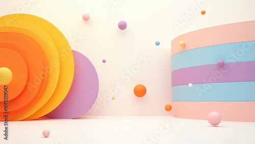 Pastel-colored spheres and layered circles float in a minimalist, off-white space; creating a playful, 3D abstract composition