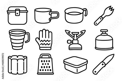 Micro utensils fuel cup grater collapsible pan hiking vector canister icons knife