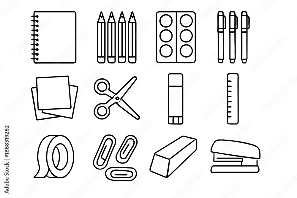 Fototapeta premium Watercolor notes sketchbook icons vector stationery roll scissors paper icon creative ruler