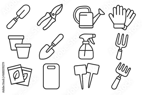 Vector icon garden scoop kneeling bottle urban can packets watering gloves trowel