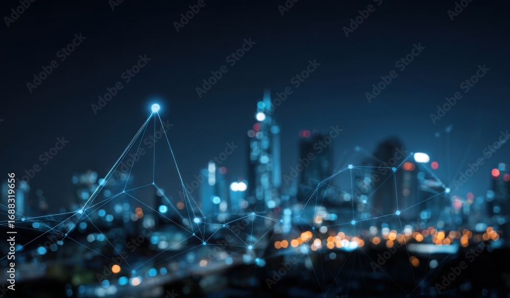Obraz premium Night cityscape blurred with digital network