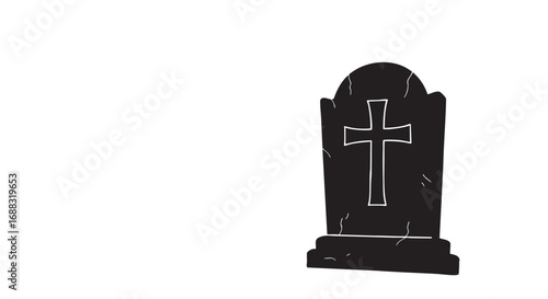 Isolated Black and White Tombstone with Cross Symbol Depicting Mourning and Remembrance Perfect for Halloween Themes and Obituary Illustrations
