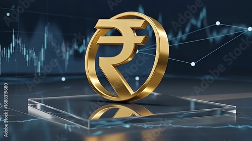 Golden Rupee Symbol on Digital Background with Financial Charts.