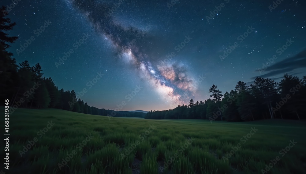 Naklejka premium Vast open meadow under expansive night sky filled with Milky Way galaxy. Tall trees border field. Stars numerous, bright, scattered across dark celestial expanse. Breathtaking, aglow atmospheric view.