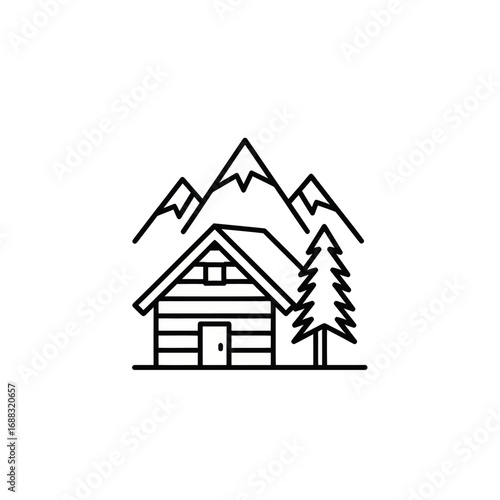 Mountain cabin illustration with snow covered peaks