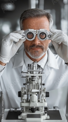 During an eye exam, an optician examines the patient's vision with a phoropter