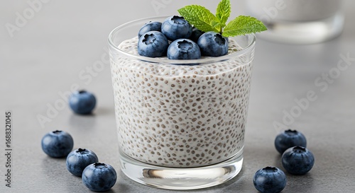 A close-up shot of a healthy chia pudding dessert, topped with vibrant blueberries and a fresh mint garnish