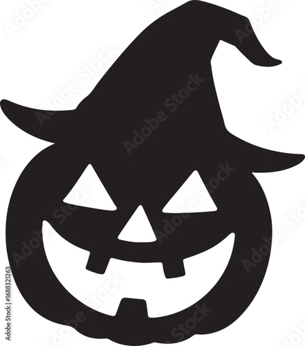 Silhouette of a pumpkin wearing a witch hat, perfect for Halloween and festive designs.