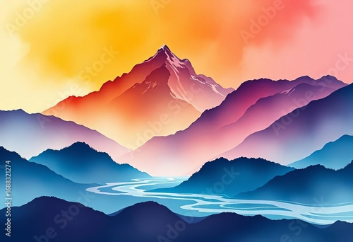Misty mountain range, flowing water, stylized ink wash, vibrant color gradients, minimalist aesthetic,  graphic,   elegant