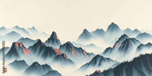 Misty peaks, hand-painted Chinese landscape, ink wash mountains,  artwork,  landscape