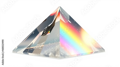 A clear glass pyramid refracts light, casting a vibrant rainbow spectrum onto a light background, showcasing the principles of optics and color dispersion