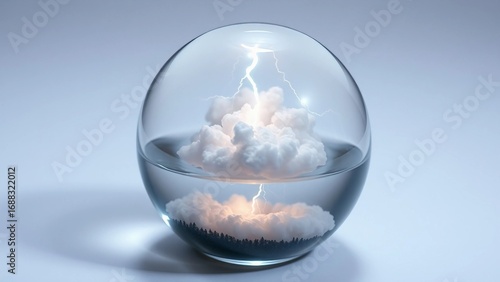 A surreal glass sphere with a miniature storm inside, showcasing the raw power and beauty of weather phenomena