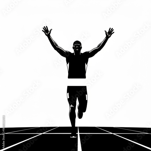 Silhouette of a triumphant runner with arms raised crossing the finish line on a black and white track