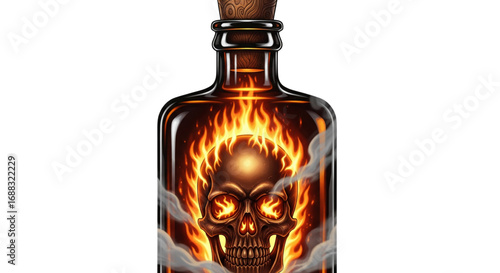 Highly detailed Dark Fantasy Fiery Skull Potion Bottle. Mystical Elixir with Glowing Eyes, Intense Flames, and Smoke.