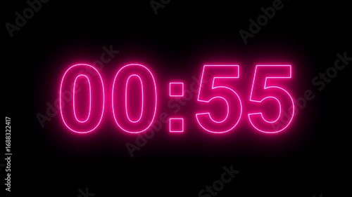 Glowing neon colorful 1 minute countdown animation from 60 seconds to 0 seconds. 1 minute countdown timer on a black background. 4k video
