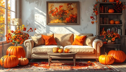 Inviting autumn living room with a festive harvest display of vibrant orange pumpkins and gourds, perfect for fall celebrations and cozy evenings