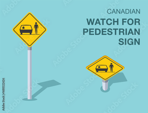 Traffic regulation rules. Isolated canadian "watch for pedestrian" road sign. Front and top view. Flat vector illustration template.