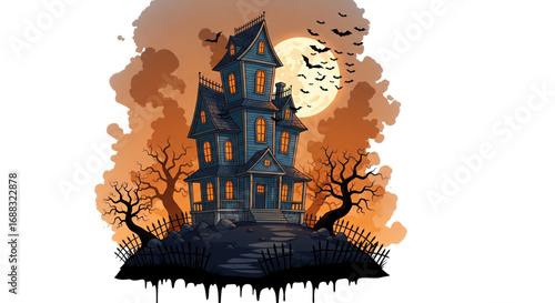 Halloween Haunted House Art Spooky Night Full Moon Flying Bats Bare Trees Creepy Mansion Watercolor Illustration