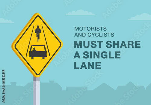 Safe driving tips and traffic regulation rules. Close-up of canadian "share the lane with cyclists" sign meaning. Motorists must share a single lane. Flat vector illustration template.