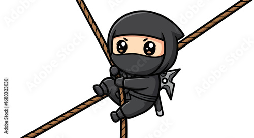 Cute cartoon ninja character in a black costume climbing up a rope.