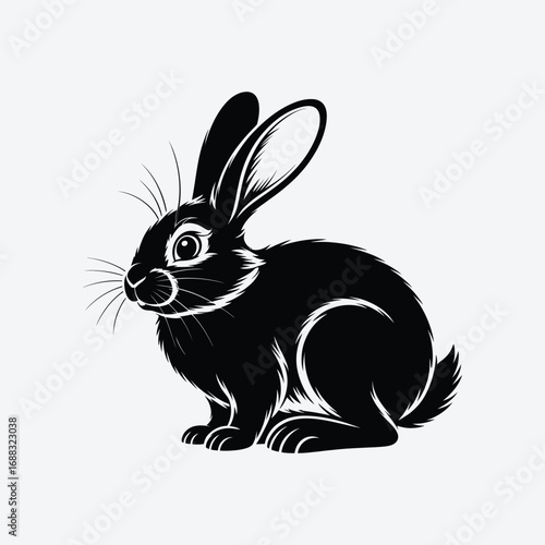 Vector art of black and white illustration of a rabbit the rabbit is sitting and looking to the left, with its ears perked up and its tail visible