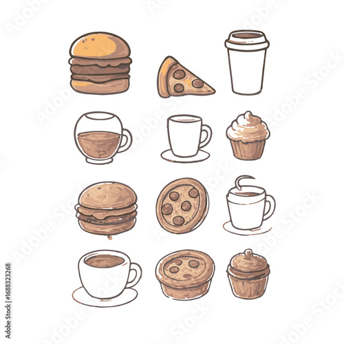 Creative flat vector icons of popular food and drinks, ideal for restaurant menus, delivery apps, and social media.