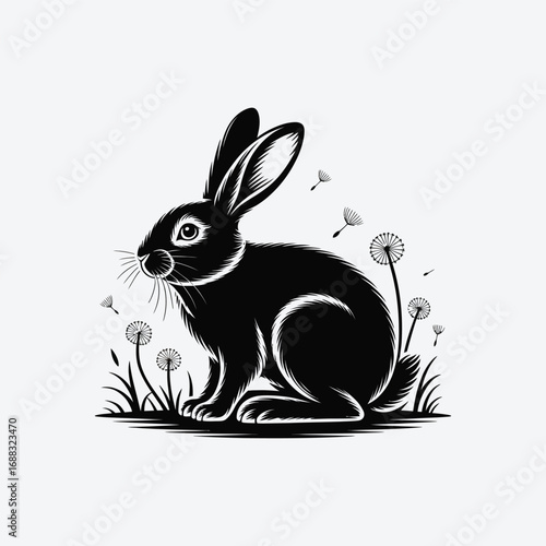 Vector art of a charming rabbit illustration amidst dandelions, , captures the essence of nature and springtime in a simple yet elegant design
