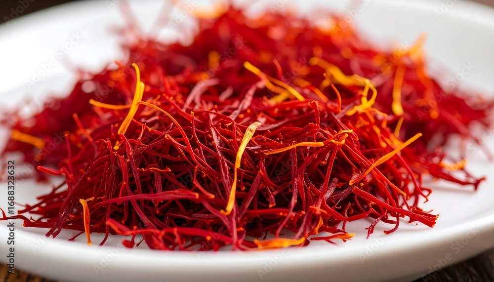 Fototapeta premium Vibrant red saffron threads with delicate golden strands create a stunning visual feast, perfect for culinary inspiration and gourmet dishes.