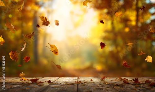 Primer plano de un paisaje otoñal hermoso, con hojas caídas, fondo de otoño cálido, luz del atardecer, cielo al anochecer con colores dorados y anaranjados, ambiente nostálgico y sereno, fotografía de