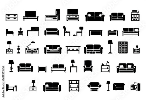 Simple black and white furniture icons, various styles, isolated on white background,  clipart,  shape