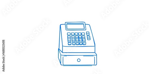 Simple blue outline drawing of a cash register on white background,  shop,  keypad