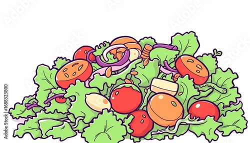 Simple line art drawing of a mixed green salad with various vegetables and dressing,  kitchen,  plant
