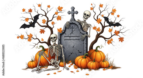 Three skeletons, pumpkins, and bats gather around a gravestone under autumn trees in a festive Halloween illustration.