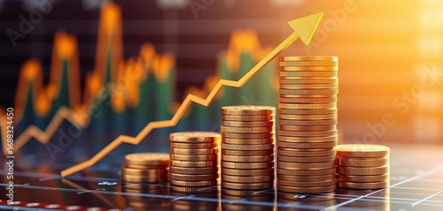 Stacked coins rising on a chart with upward arrow,  concept,  statistics