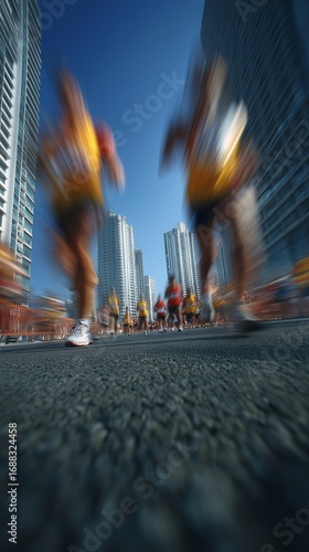 Runners' legs blurred during a city marathon.