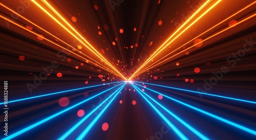 Futuristic digital tunnel with glowing orange and blue neon laser lines converging towards a bright vanishing point.
