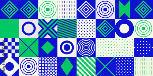 Geometric abstract pattern with squares circles diamonds and lines in blue and green