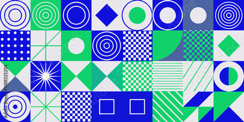Abstract geometric pattern with circles squares diamonds and checkered designs in blue and green