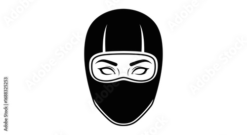 A black and white graphic illustration of a persons head wearing a balaclava ski mask.