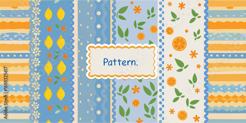 Colorful striped fabric patterns with lemons oranges and flowers
