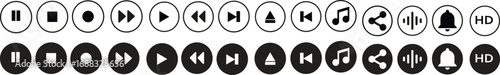 Audio player and video player buttons icon set. Music and sound icon set. Media player buttons icon. Video audio player buttons icon. Music sign, symbol illustration