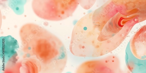 Abstract fluid art featuring light peach orange and teal color blobs against a creamy white backdrop