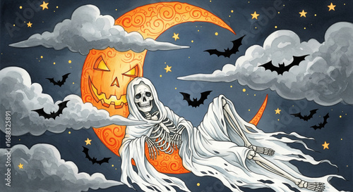 Whimsical Halloween illustration of a reclining skeleton ghost on an orange jack-o-lantern moon and bats